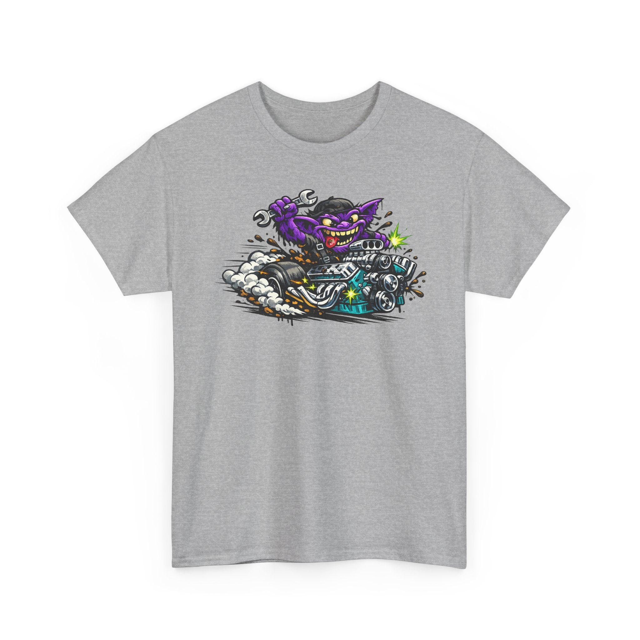 Purple Grinning Cat Biker Tee | Retro Cartoon Motorcycle Graphic T-Shirt, Unisex Streetwear Gift
