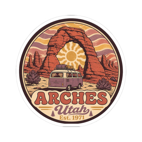 Round sticker with red rock arch, camper van, and text "ARCHES Utah Est. 1971"