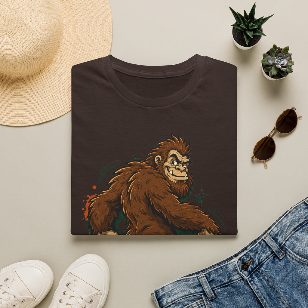 Dark brown crewneck T-shirt with brown smirking sasquatch graphic and star accents