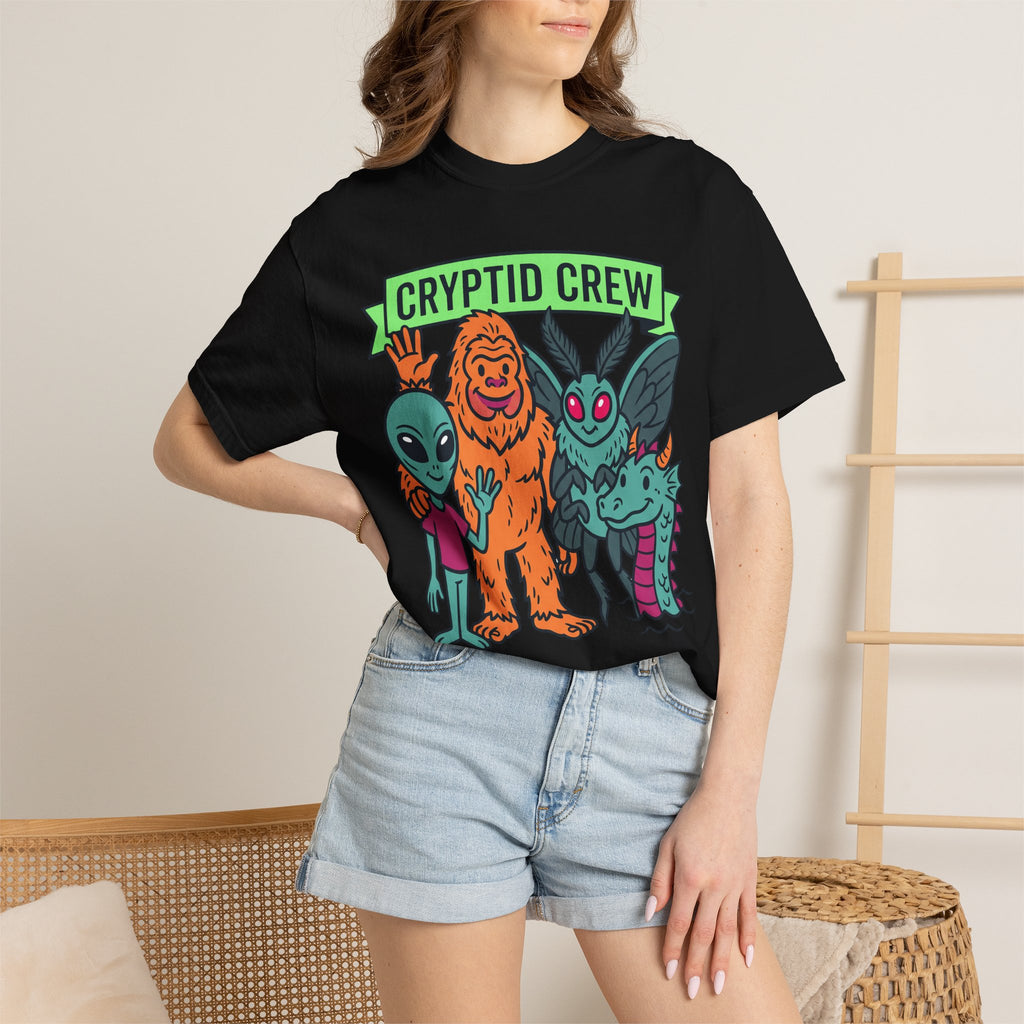 Black crew neck t-shirt with multicolor cryptid graphic and green 'CRYPTID CREW' text