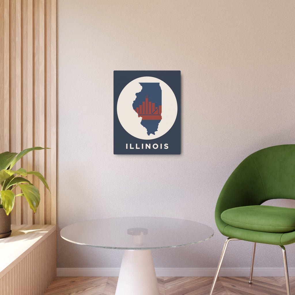 Illinois metal wall art sign with blue square, white circle, red skyline, ILLINOIS text