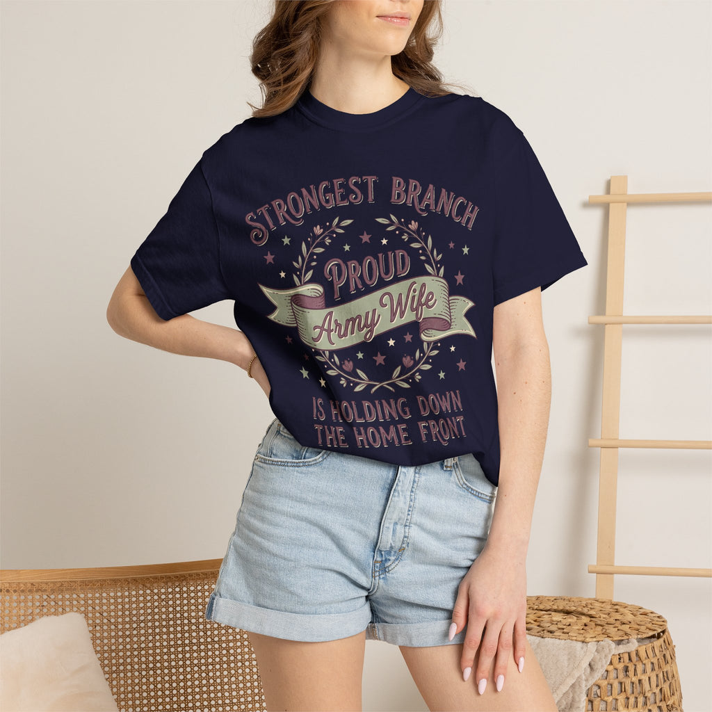 Navy T-shirt worn by a person, featuring “Proud Army Wife” patriotic text graphic