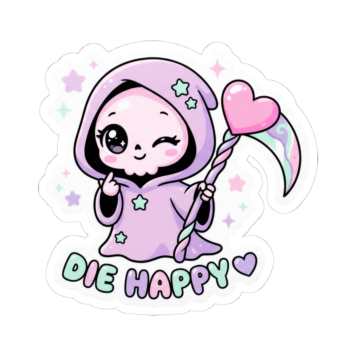 Cute grim reaper kiss-cut sticker with cloud outline, purple figure holding pink heart