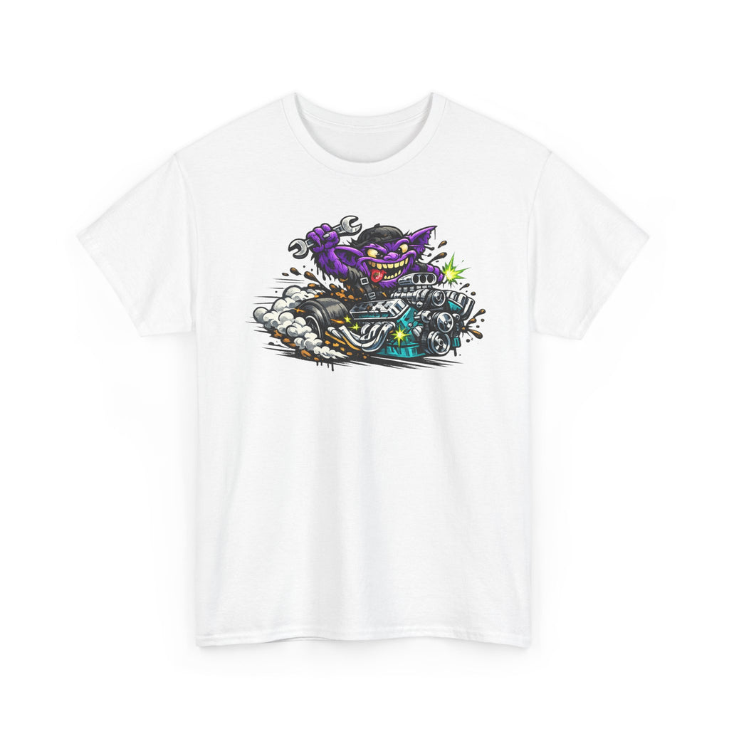 Purple Grinning Cat Biker Tee | Retro Cartoon Motorcycle Graphic T-Shirt, Unisex Streetwear Gift