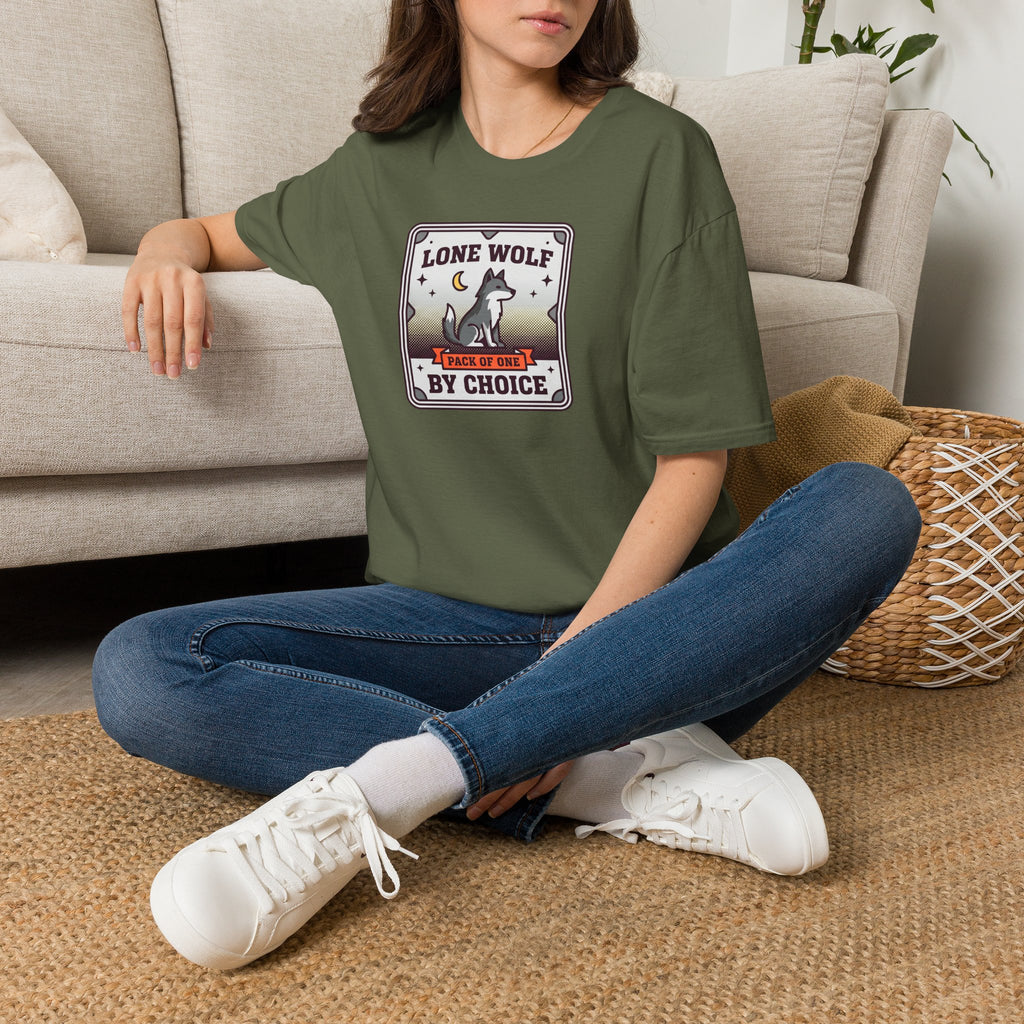 Funny Wolf T-Shirt | Lone Wolf By Choice Pack of One Moon Badge Graphic Tee | Wolf Lover Gift