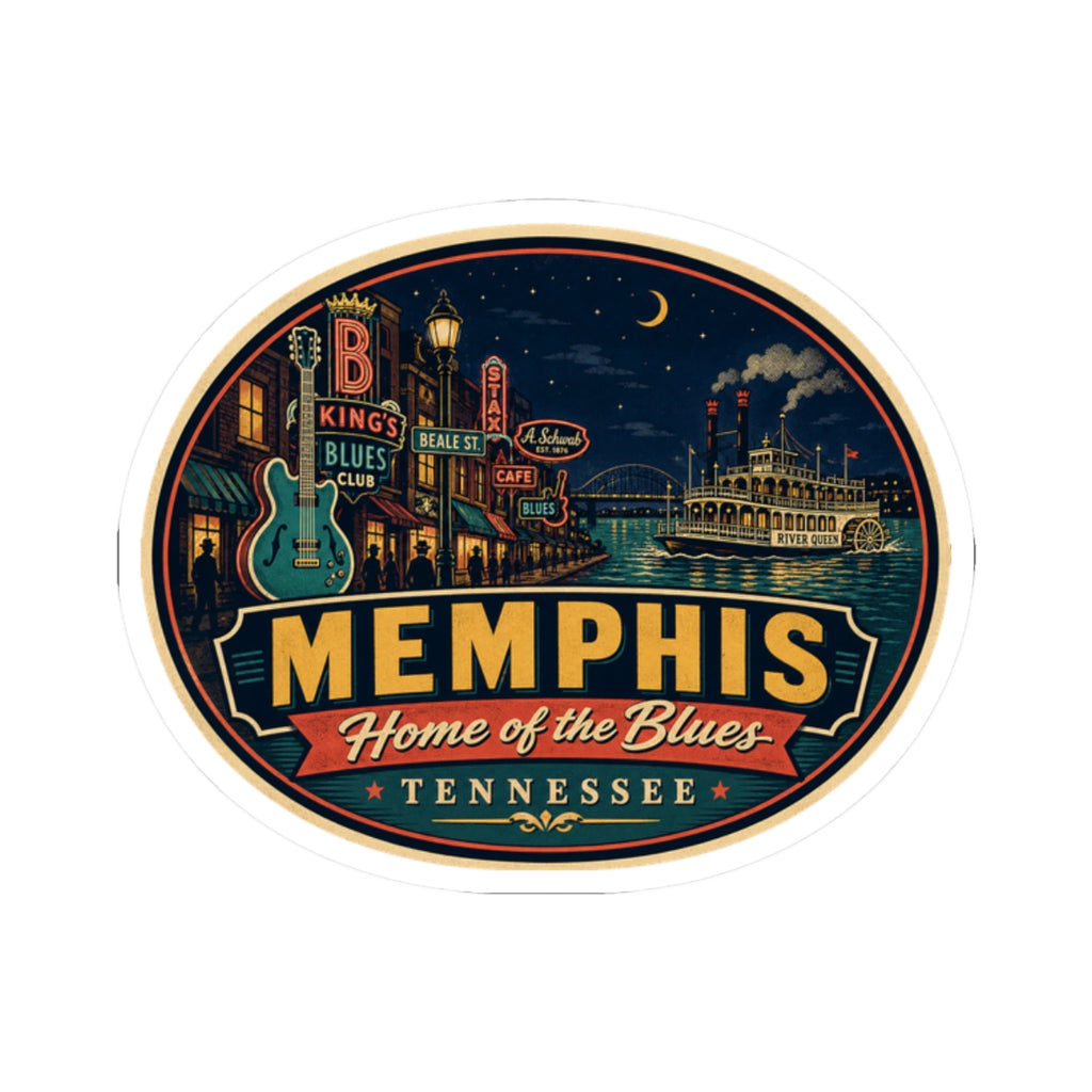 Round Memphis “Home of the Blues” Tennessee sticker showing skyline across river at night