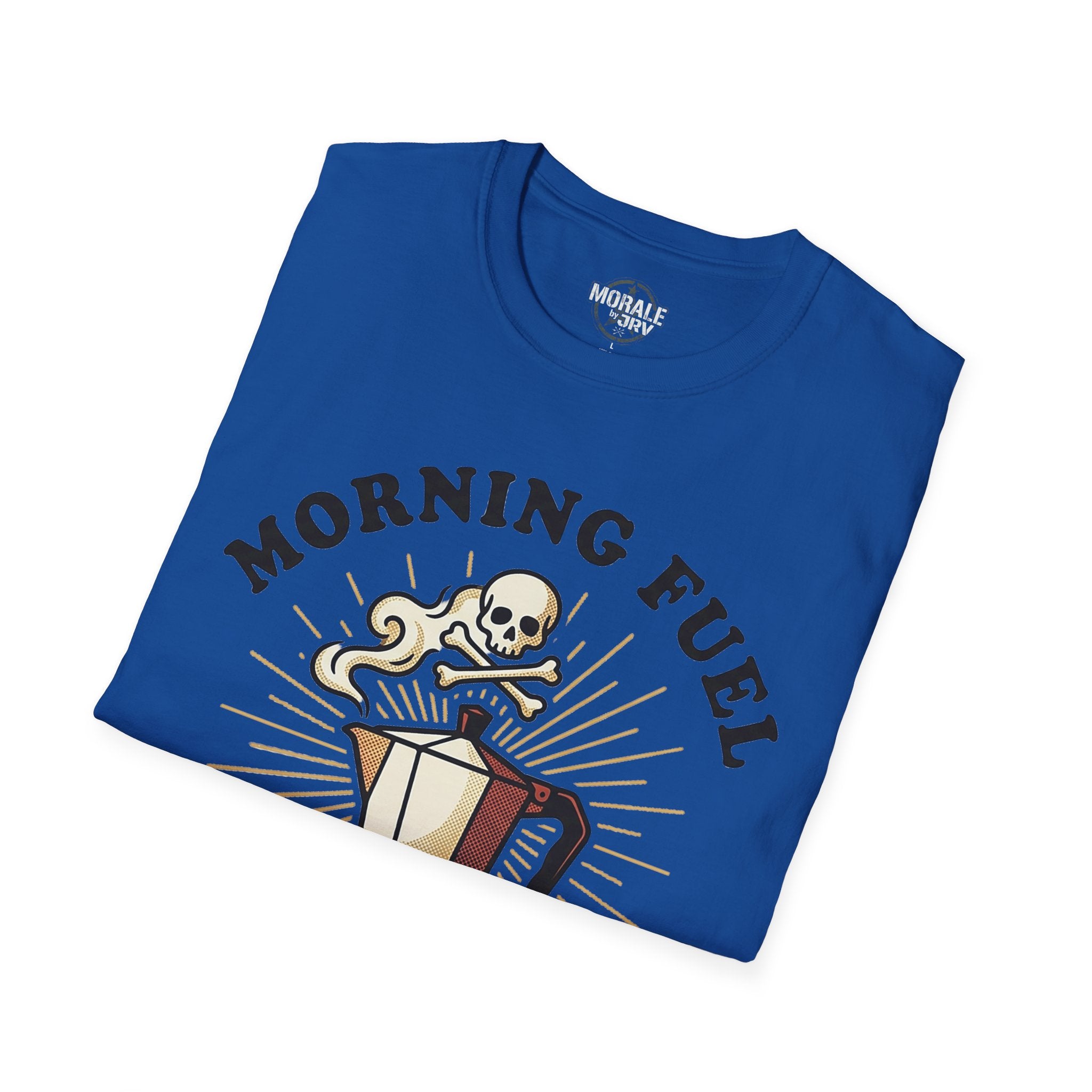 Royal blue t-shirt front with “MORNING FUEL” skull and coffee mug print