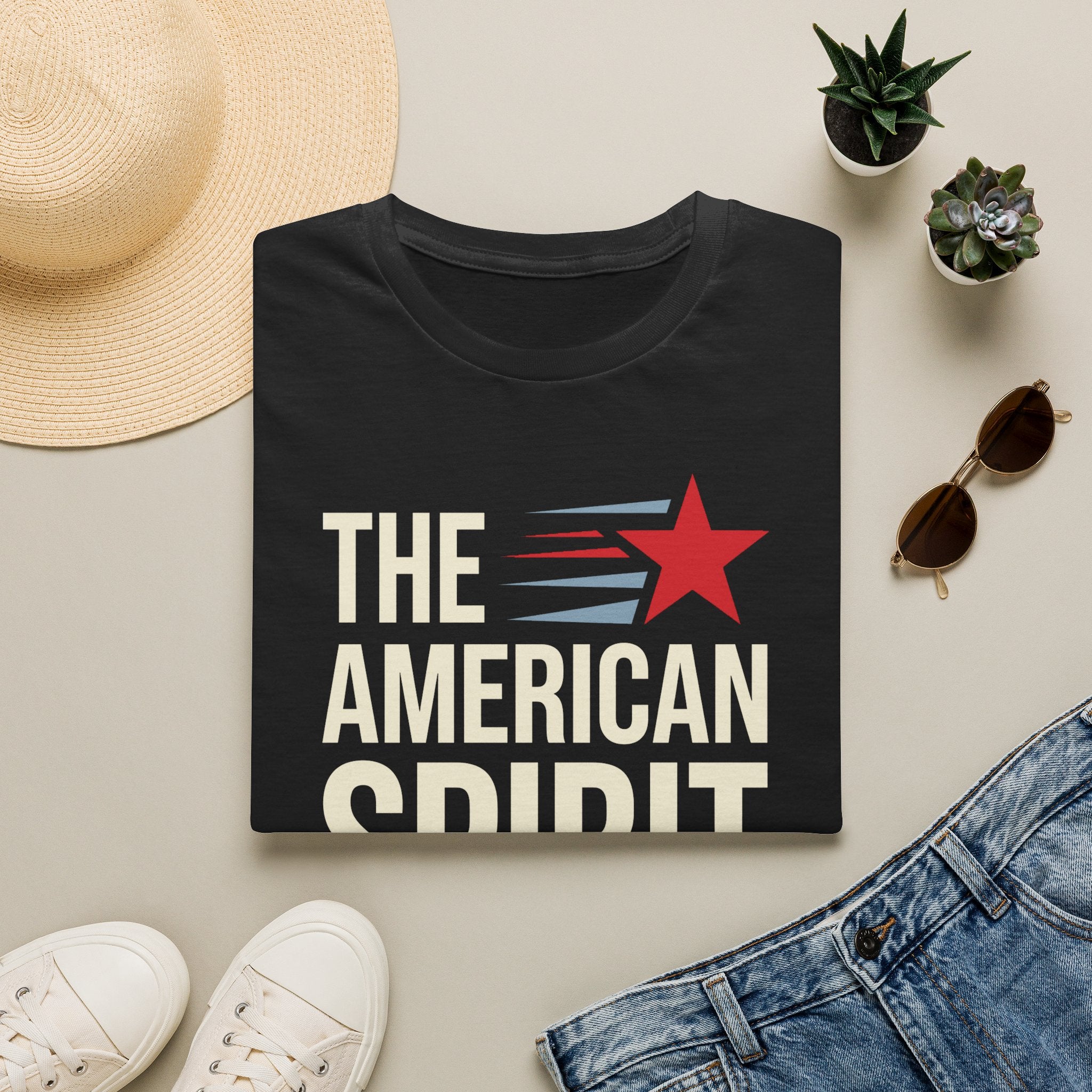 Patriotic graphic t-shirt in navy with 'THE AMERICAN SPIRIT' and red star