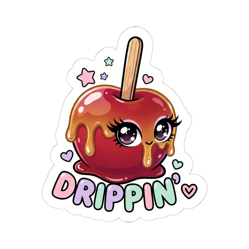 Kiss-cut sticker of a red candy apple character with dripping detail and "DRIPPIN'" lettering