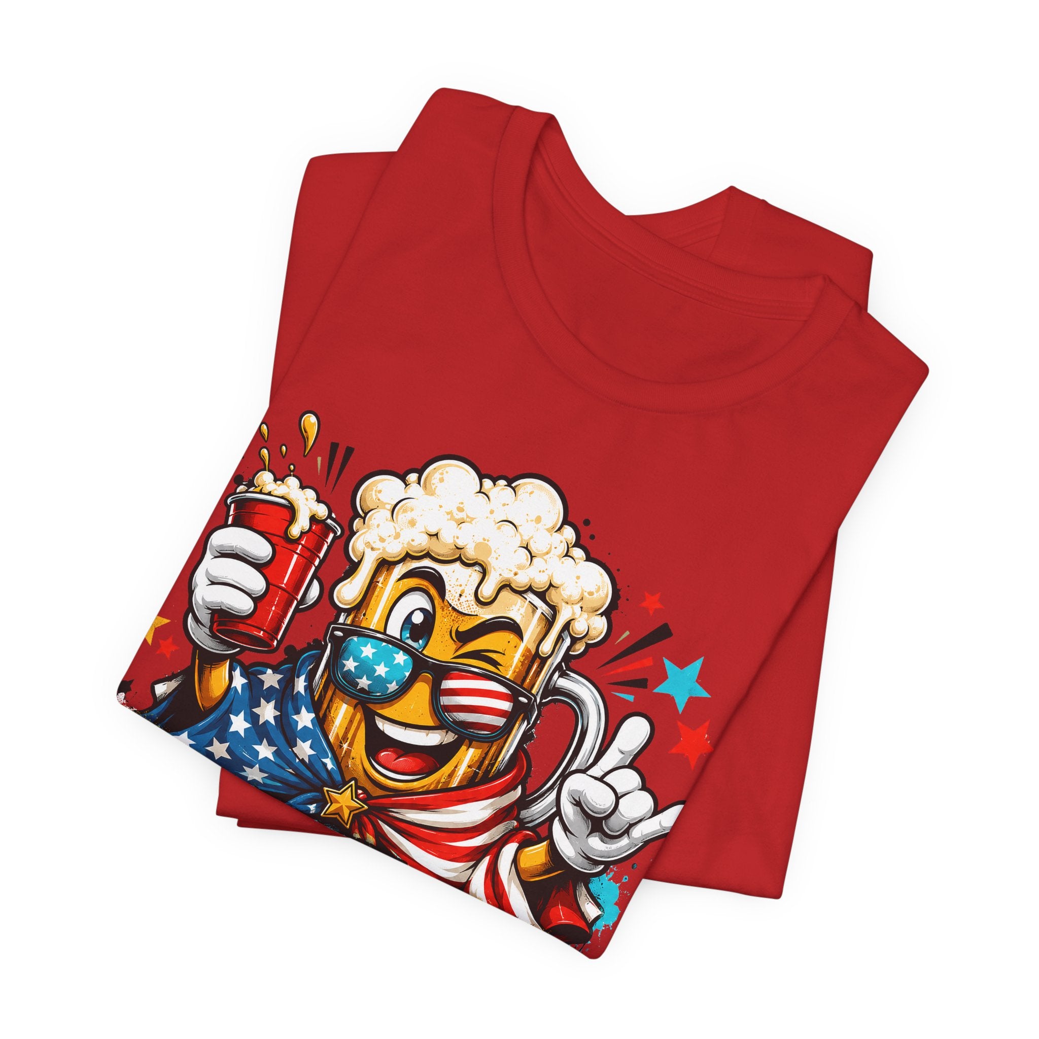 Red White & Brew 4th of July T-Shirt | Patriotic Beer Mascot American Flag Graphic Tee
