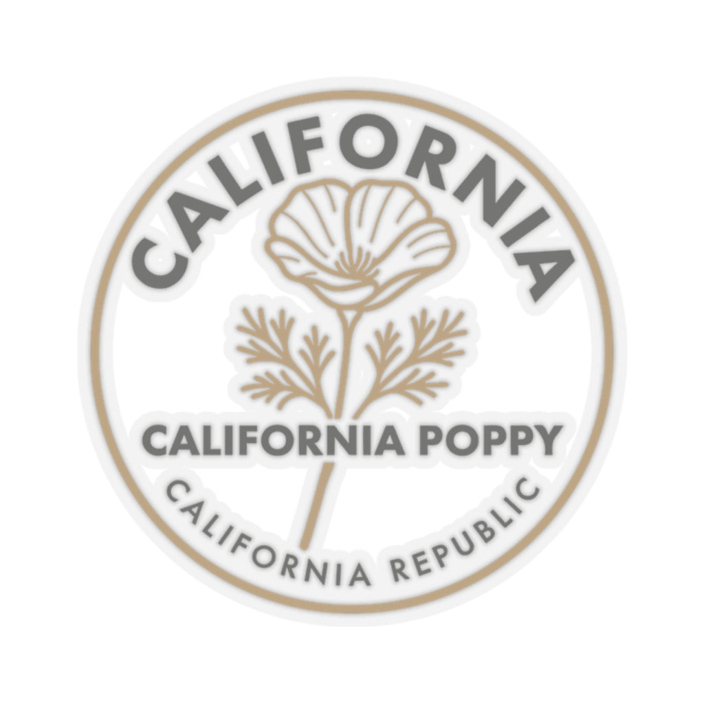 California poppy circular sticker decal with beige flower and ring text