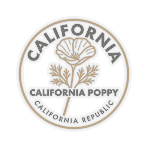 California poppy circular sticker decal with beige flower and ring text