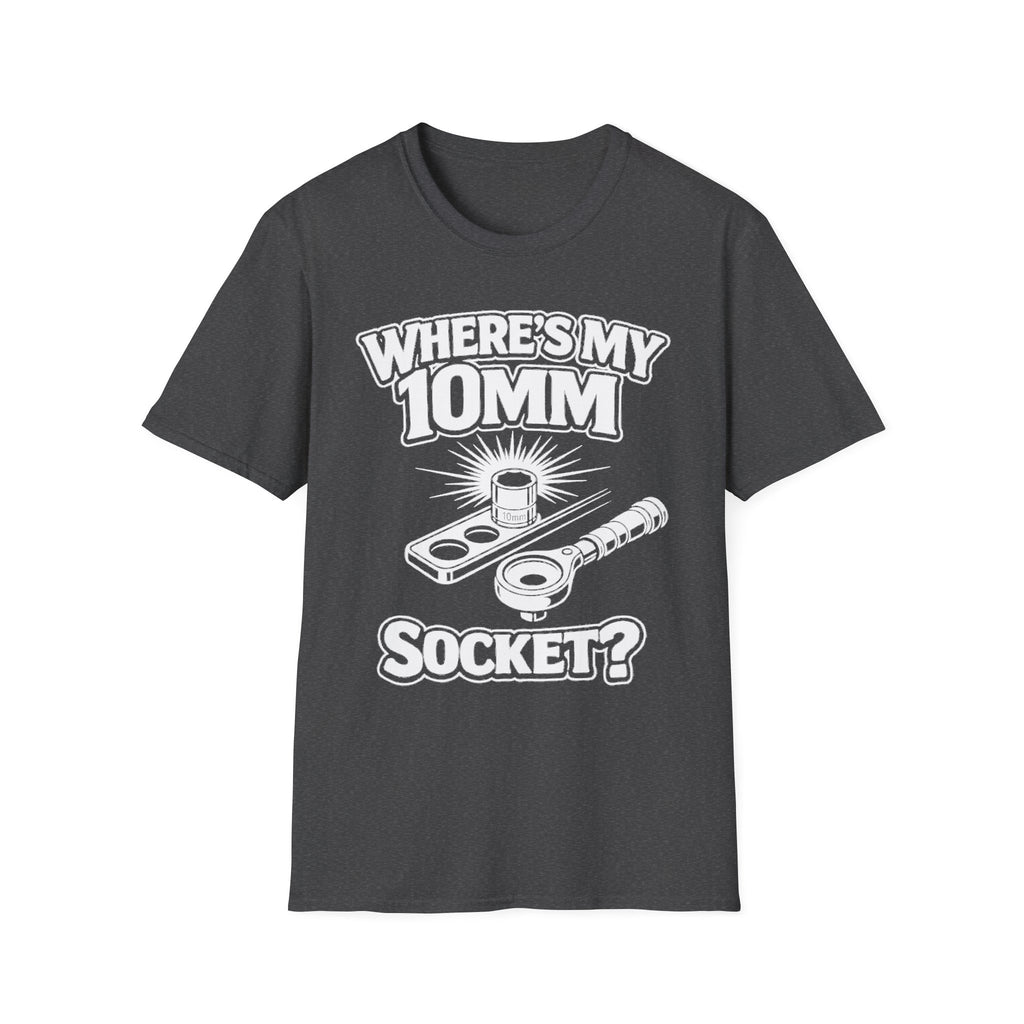 Where's My 10mm Socket? T-shirt in dark heather with white tool graphic front