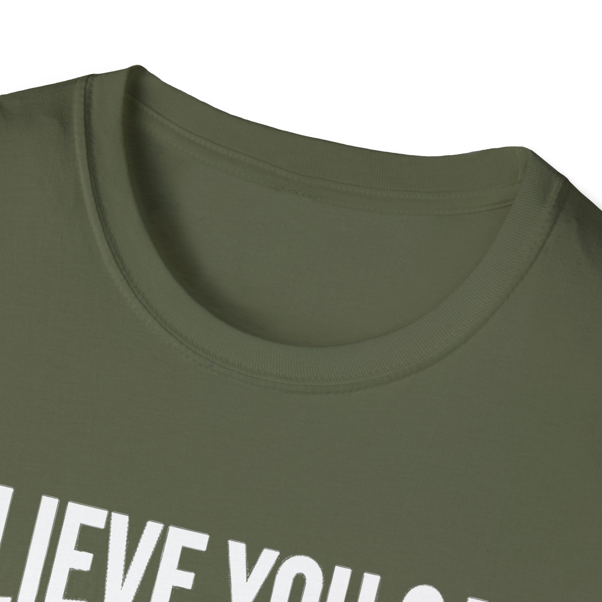 Crew neck collar detail on military green T-shirt with ribbed trim.
