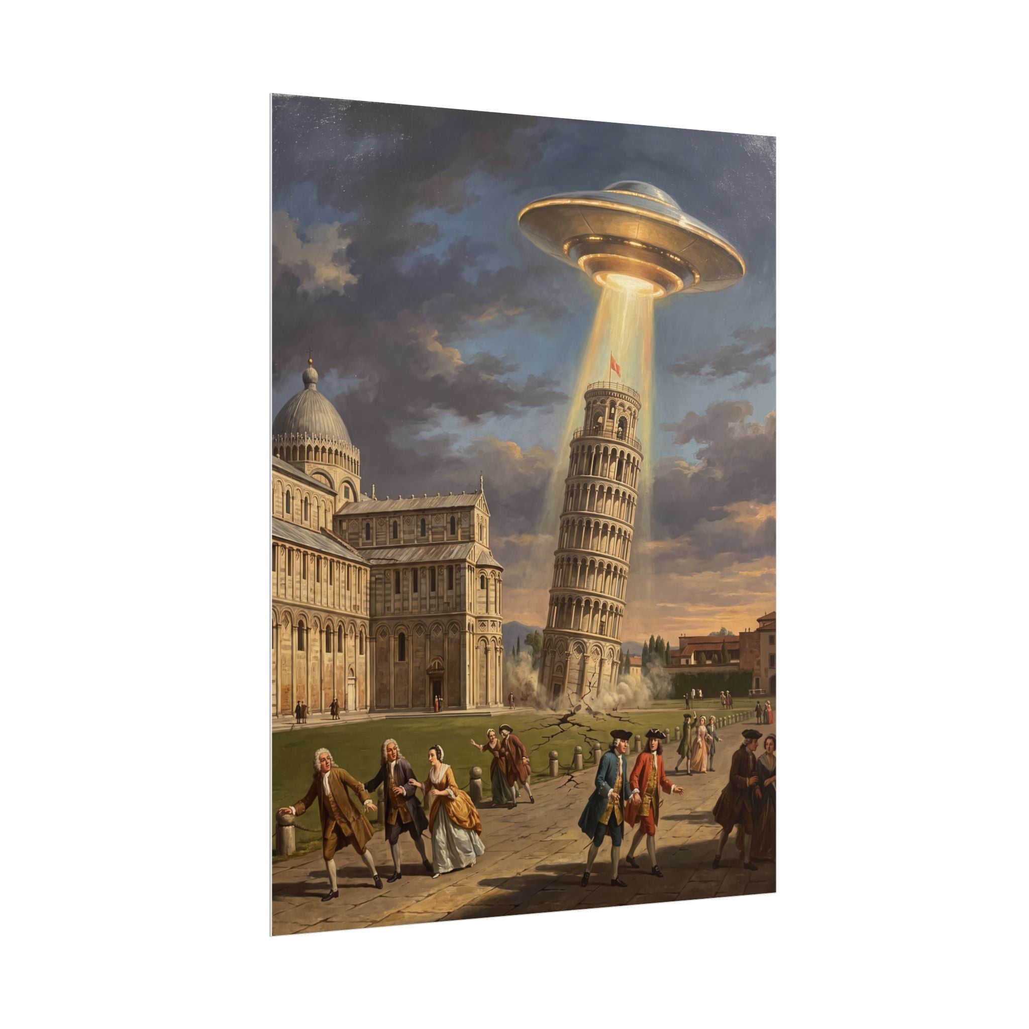 Flat poster design showing a glowing UFO above Leaning Tower with people in foreground