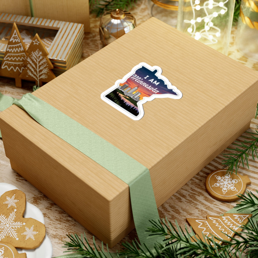 I AM Minnesota sticker on wooden gift wrap, white border and city skyline scene