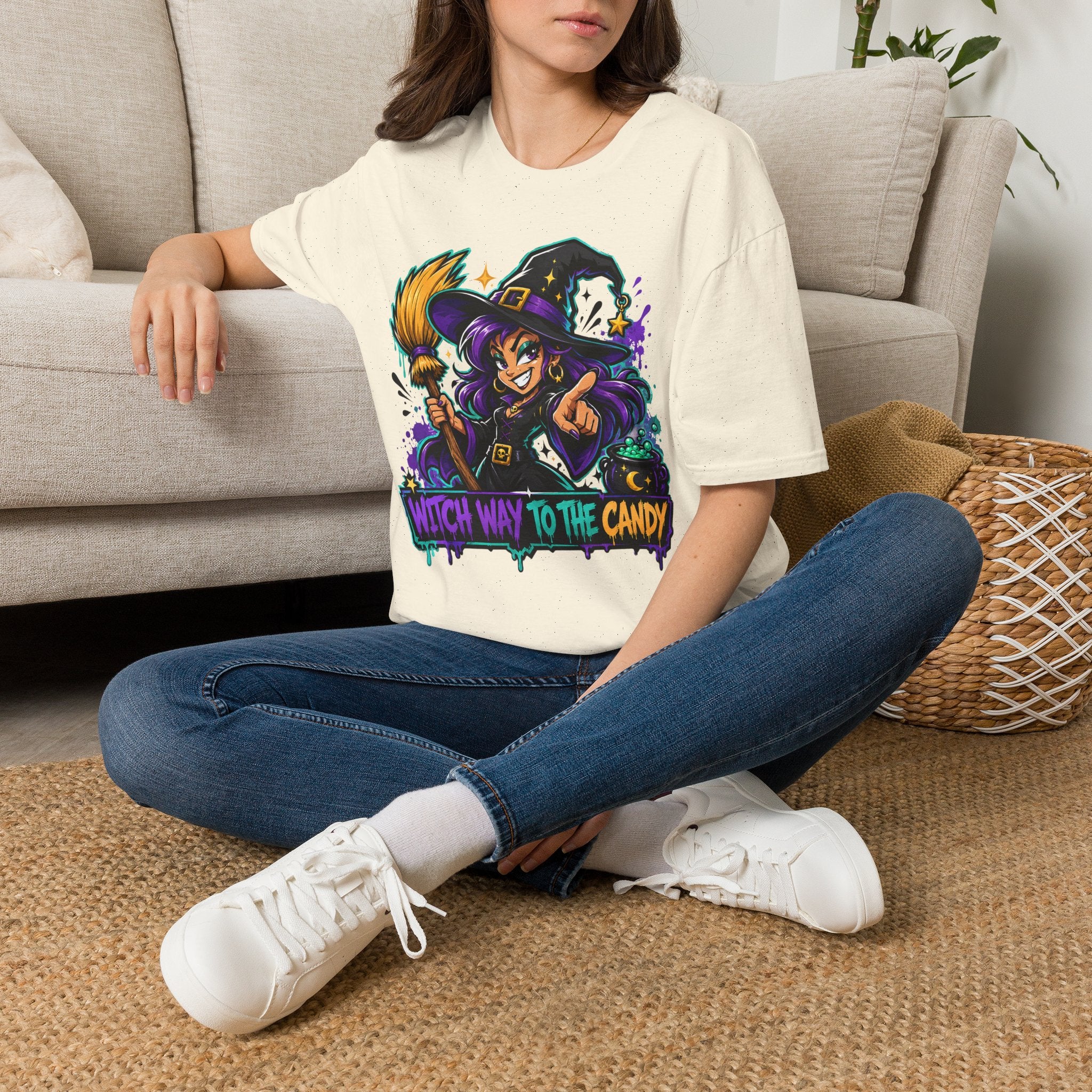 Witch Way To The Candy T-Shirt | Funny Halloween Witch Graphic Tee | Spooky Season Gift | Trick or Treat Shirt