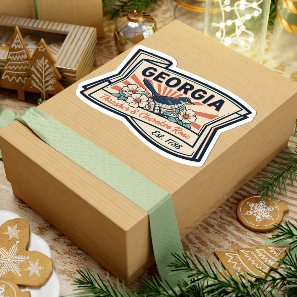 Georgia state badge sticker on gift box, “Georgia” banner and Est. 1788