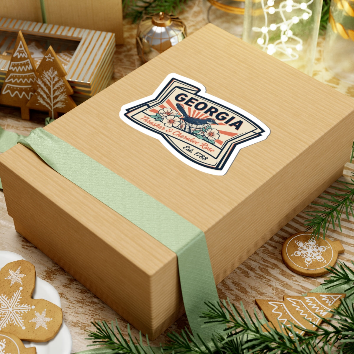 Georgia state badge sticker on a wrapped gift box, GEORGIA lettering and Est. 1788