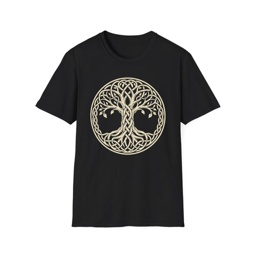 Black T-shirt with gold Celtic tree of life knotwork circle graphic on front