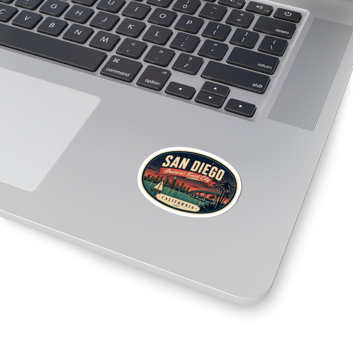 Round San Diego luggage tag sticker with retro California landscape graphic
