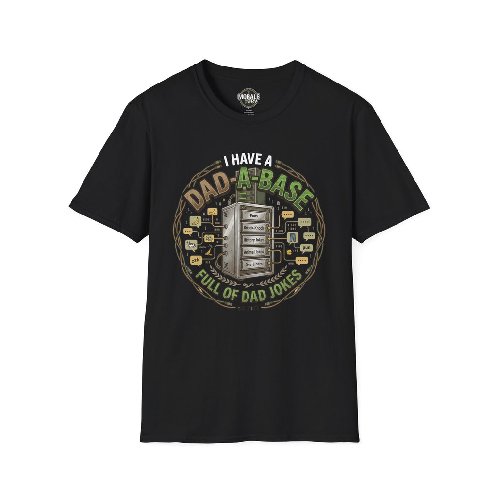 Black T-shirt with “Dad-A-Base” dad jokes circle graphic on the chest