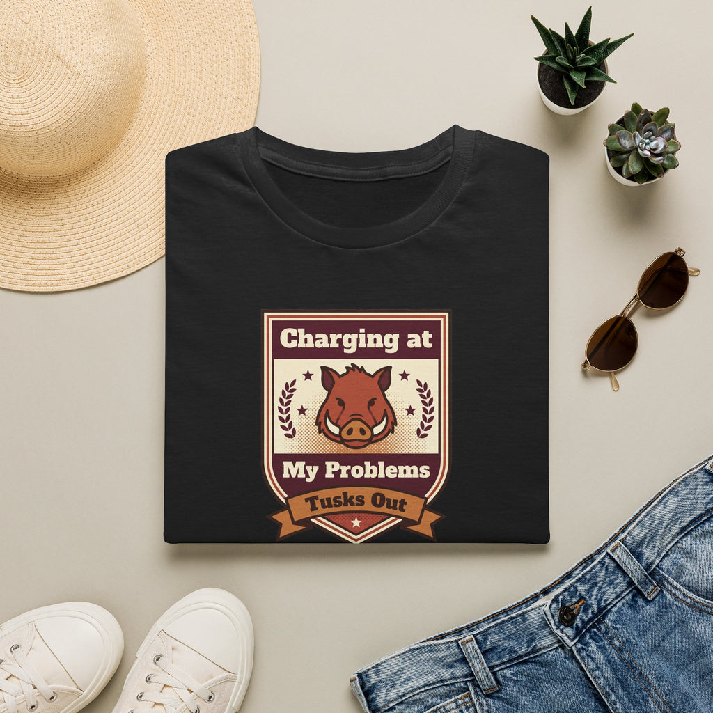 Funny Boar T-Shirt | Charging at My Problems Tusks Out Crest Graphic Tee | Wild Boar Lover Gift