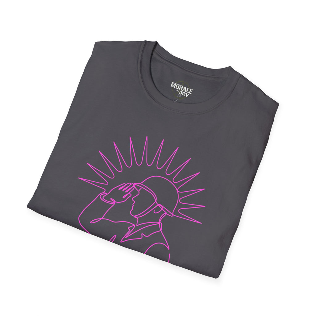 Charcoal T-shirt with pink single-line “man looking up” illustration and sun rays