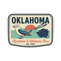 Oklahoma vintage travel sticker with bird and rose graphic on light background