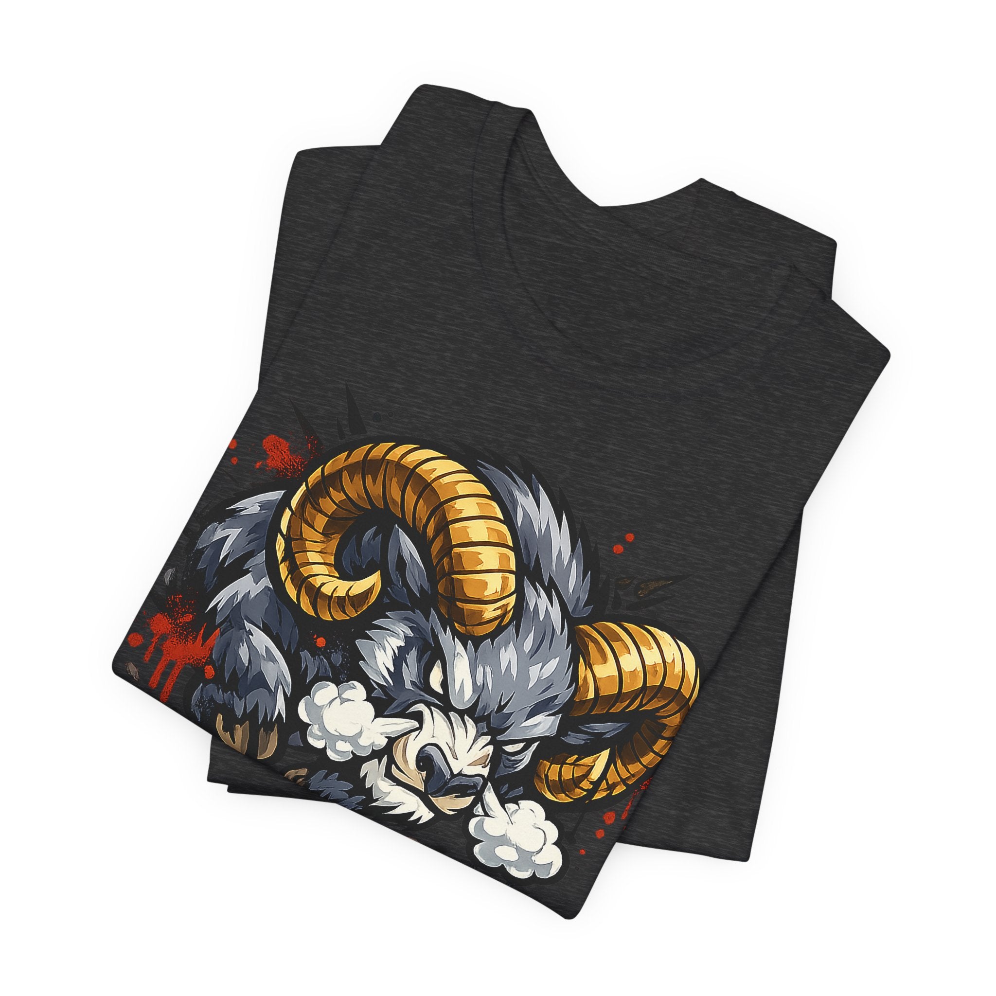 Charging Ram Illustration T-Shirt | Angry Horned Animal Graphic Tee, Wild Bighorn Art Unisex Gift
