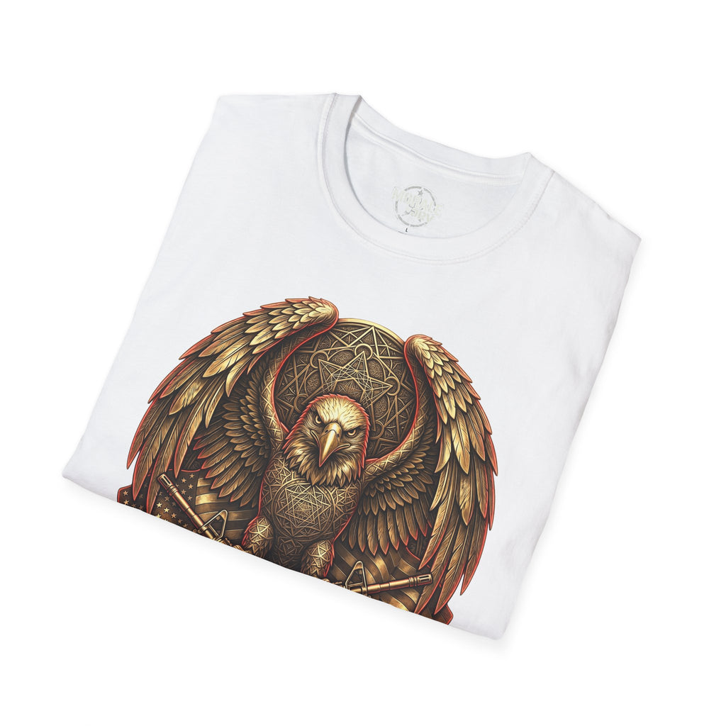White folded T-shirt with warrior owl shield emblem and crossed axes graphic