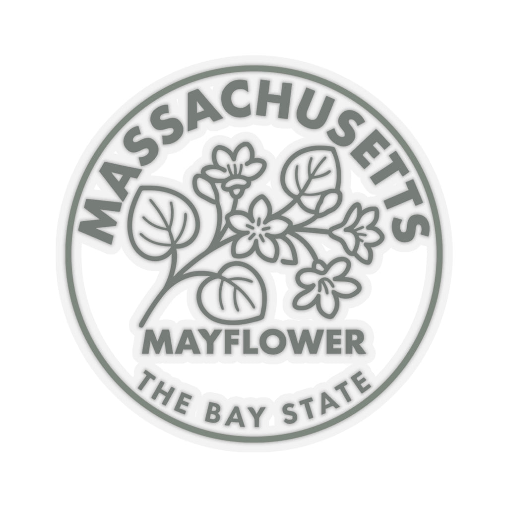 Circular Massachusetts Mayflower state flower sticker featuring gray leaves and flowers in center