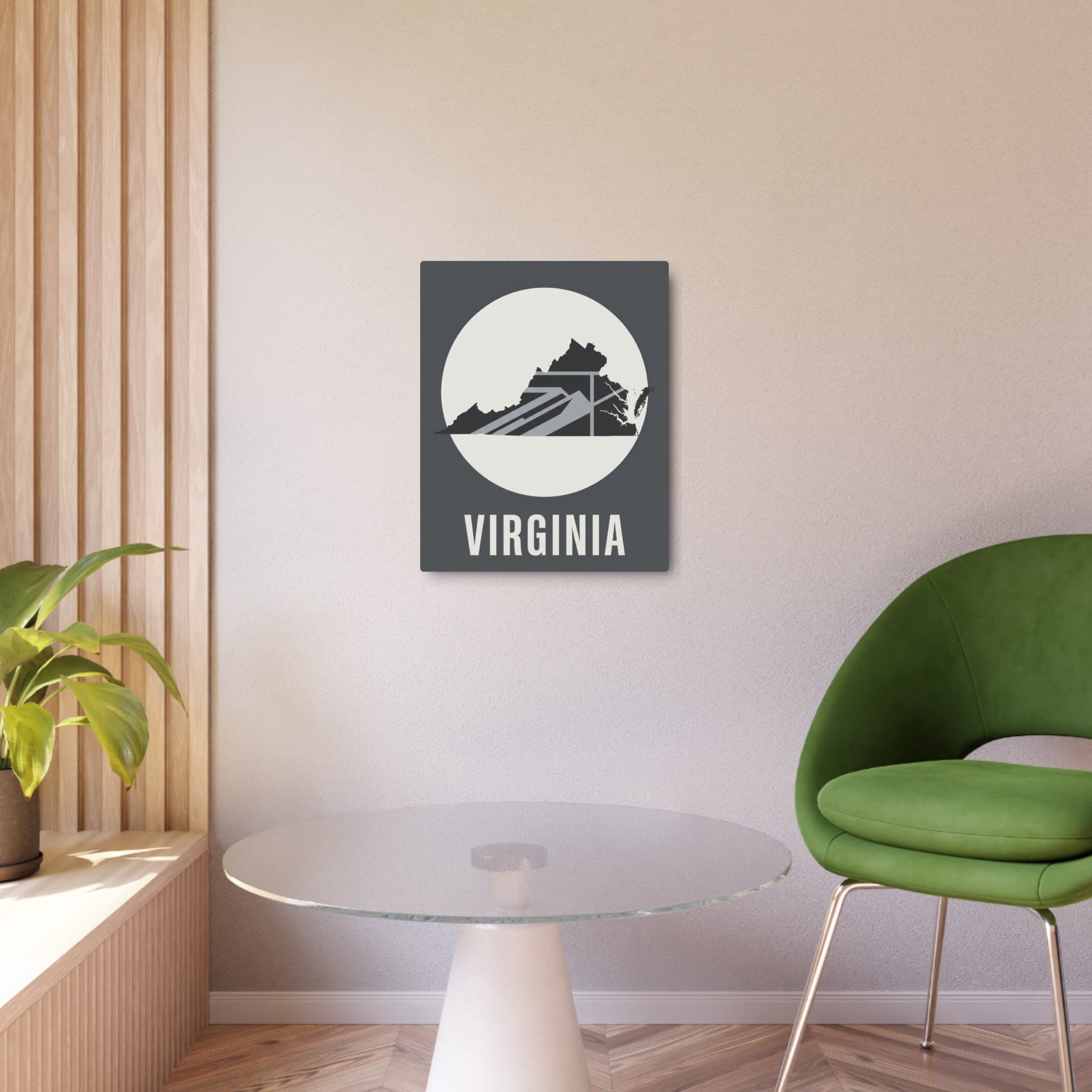 Virginia metal wall art mounted on wall: circular mountainscape silhouette in dark gray square