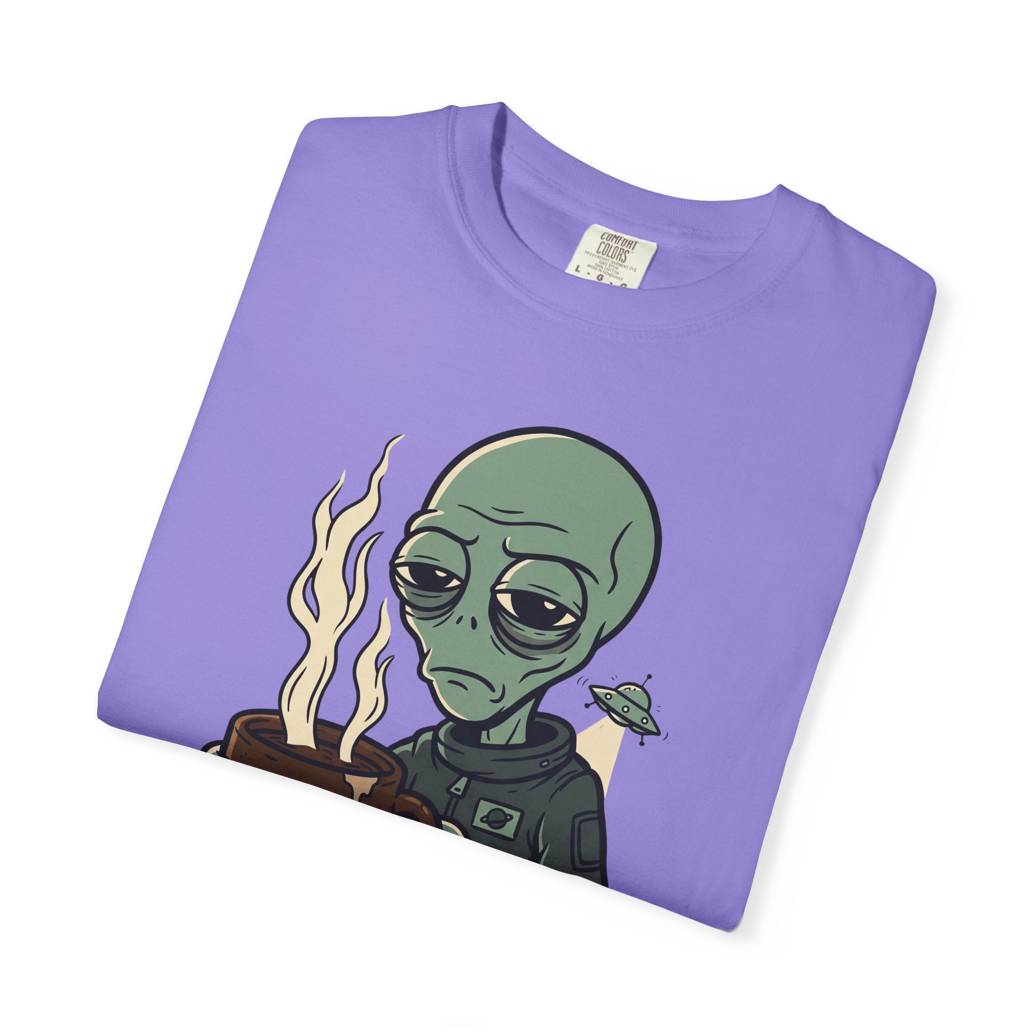 Purple alien coffee T-shirt with cartoon alien holding coffee and flames graphic