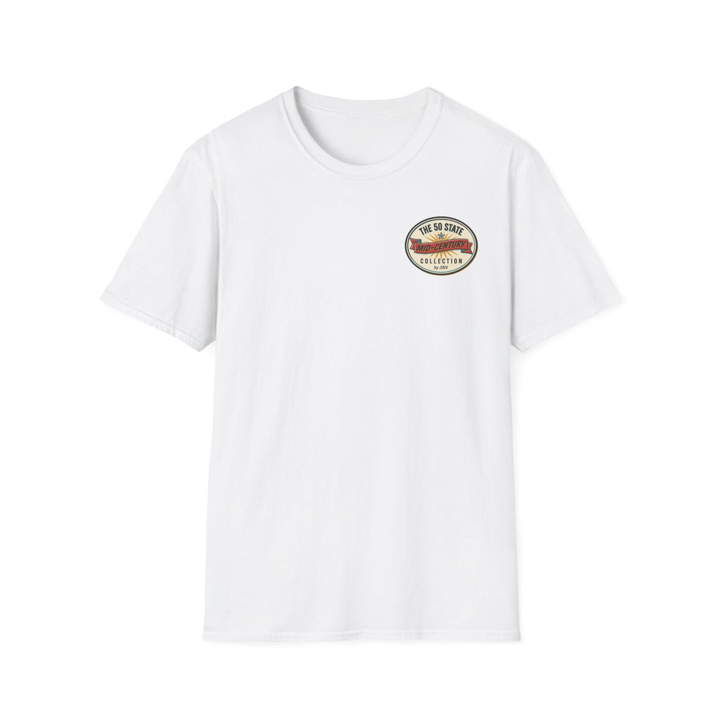 White crew neck t-shirt with small round chest badge graphic