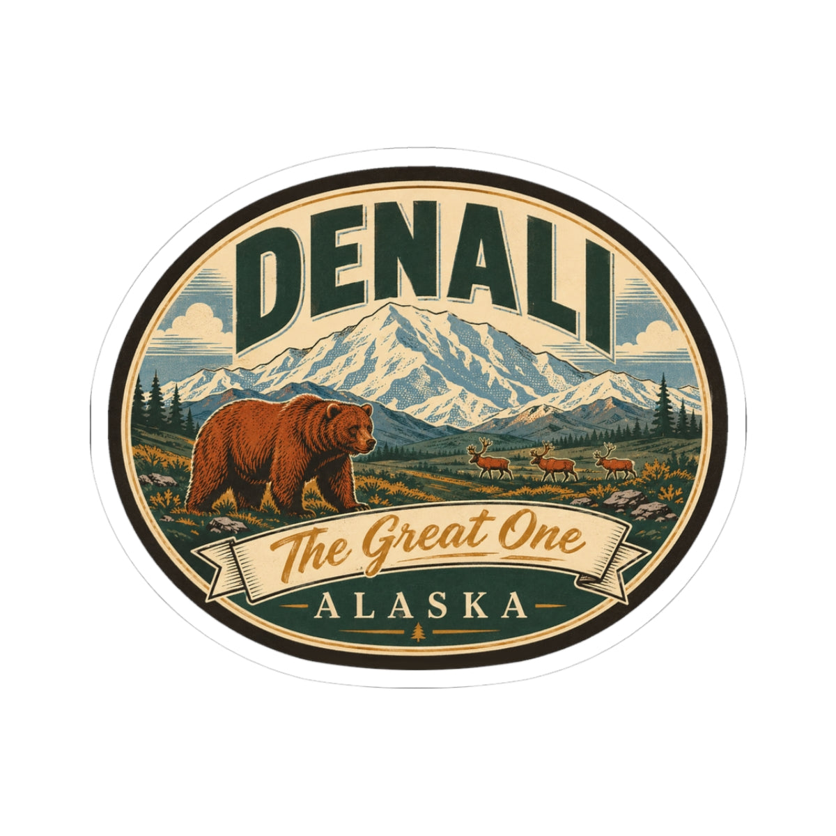 Oval Denali travel sticker with bear, mountains, and text “The Great One Alaska”