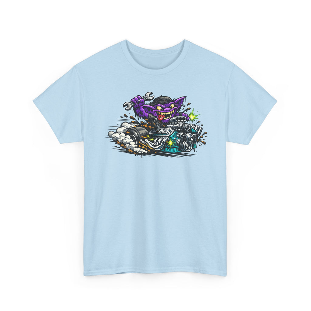 Purple Grinning Cat Biker Tee | Retro Cartoon Motorcycle Graphic T-Shirt, Unisex Streetwear Gift