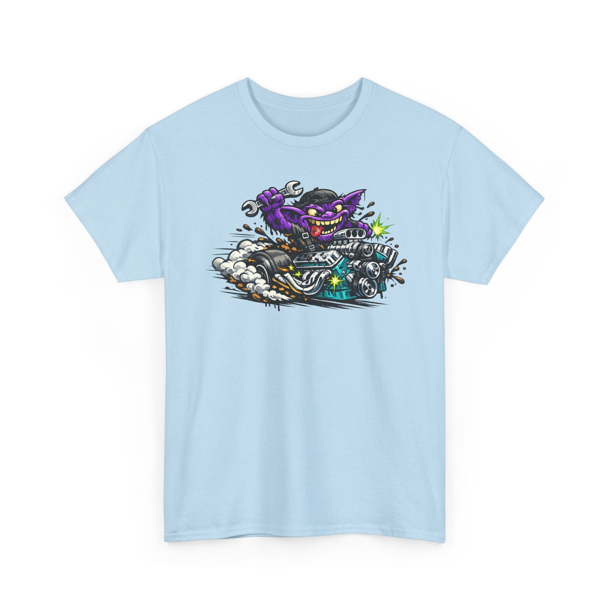 Purple Grinning Cat Biker Tee | Retro Cartoon Motorcycle Graphic T-Shirt, Unisex Streetwear Gift