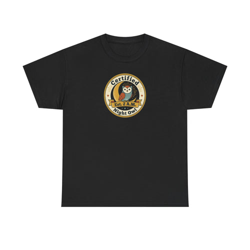 Black crewneck T-shirt with round owl badge print on chest