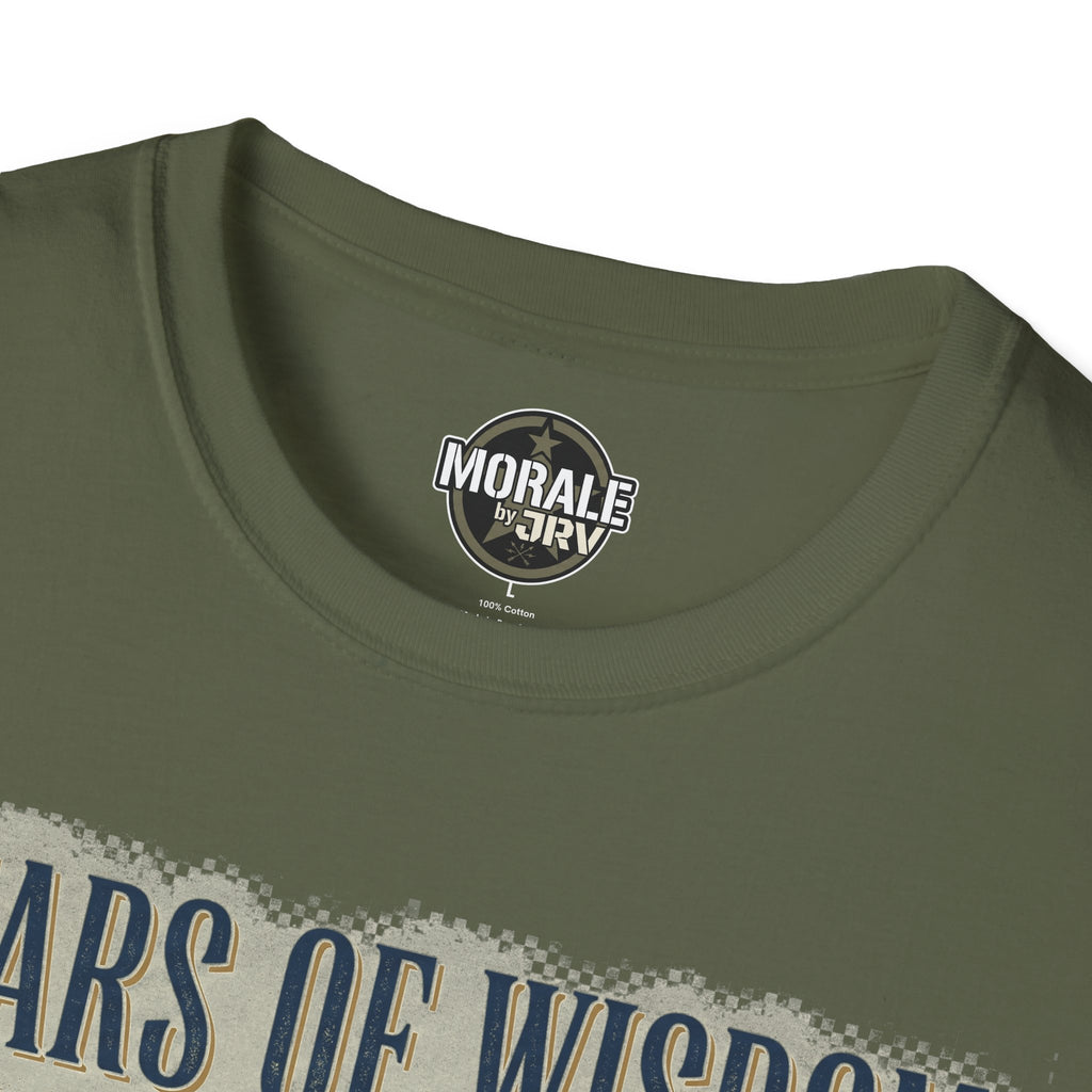 Military green T-shirt neckline logo patch and “100% cotton” label