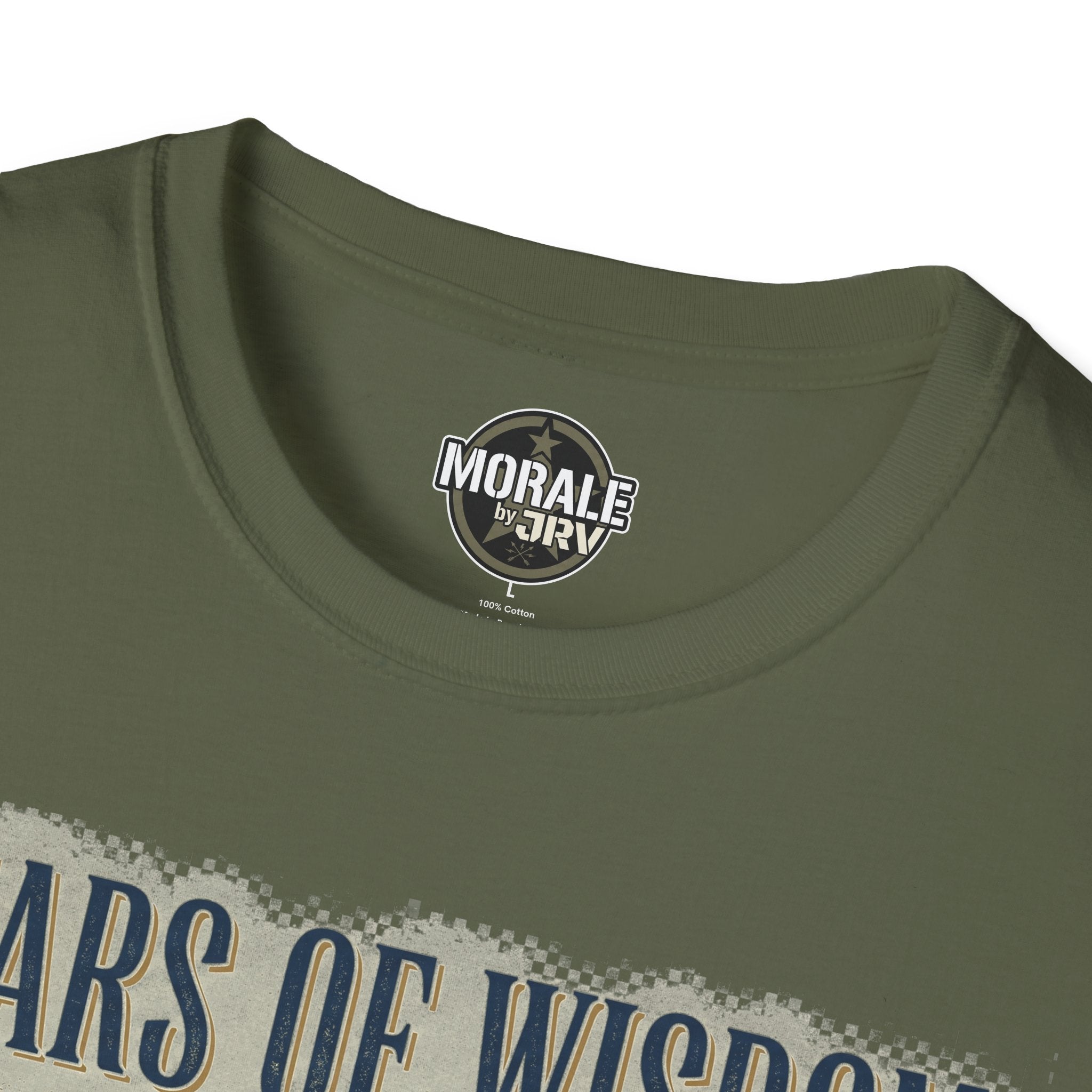 Military green T-shirt neckline logo patch and “100% cotton” label