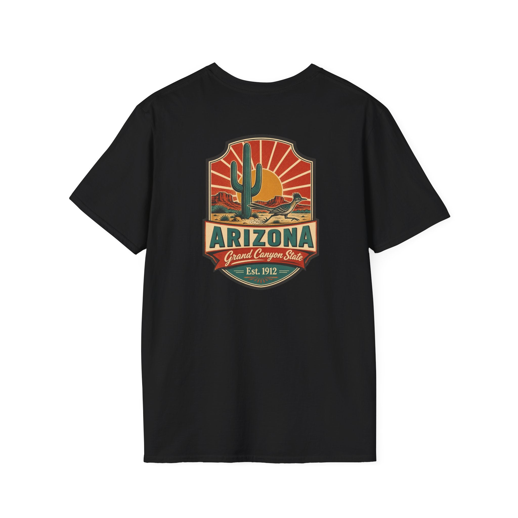 Black t-shirt with Arizona desert badge logo and cactus graphic