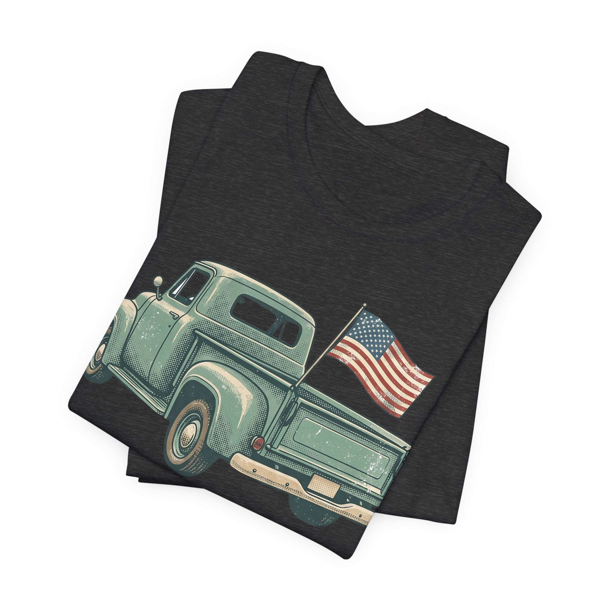 Charcoal T-shirt with vintage green pickup truck graphic and American flag.