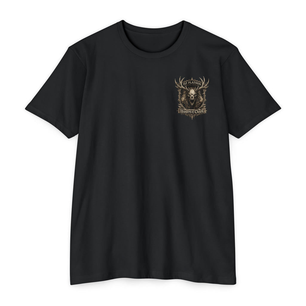 Black T-shirt with small 'Hunters of Chaos' deer graphic on left chest