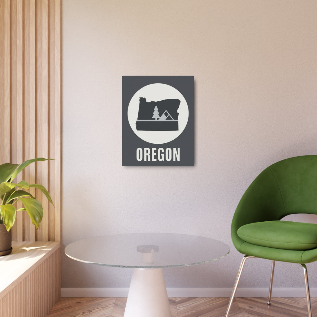 Rustic Oregon metal wall sign, dark gray square with white circle and OREGON lettering