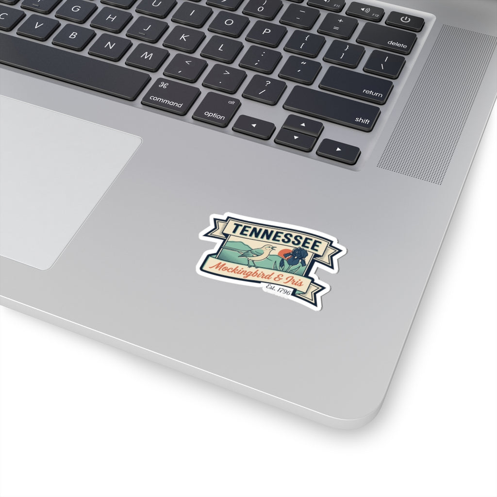 Tennessee vintage state badge vinyl sticker with mockingbird and iris, white border