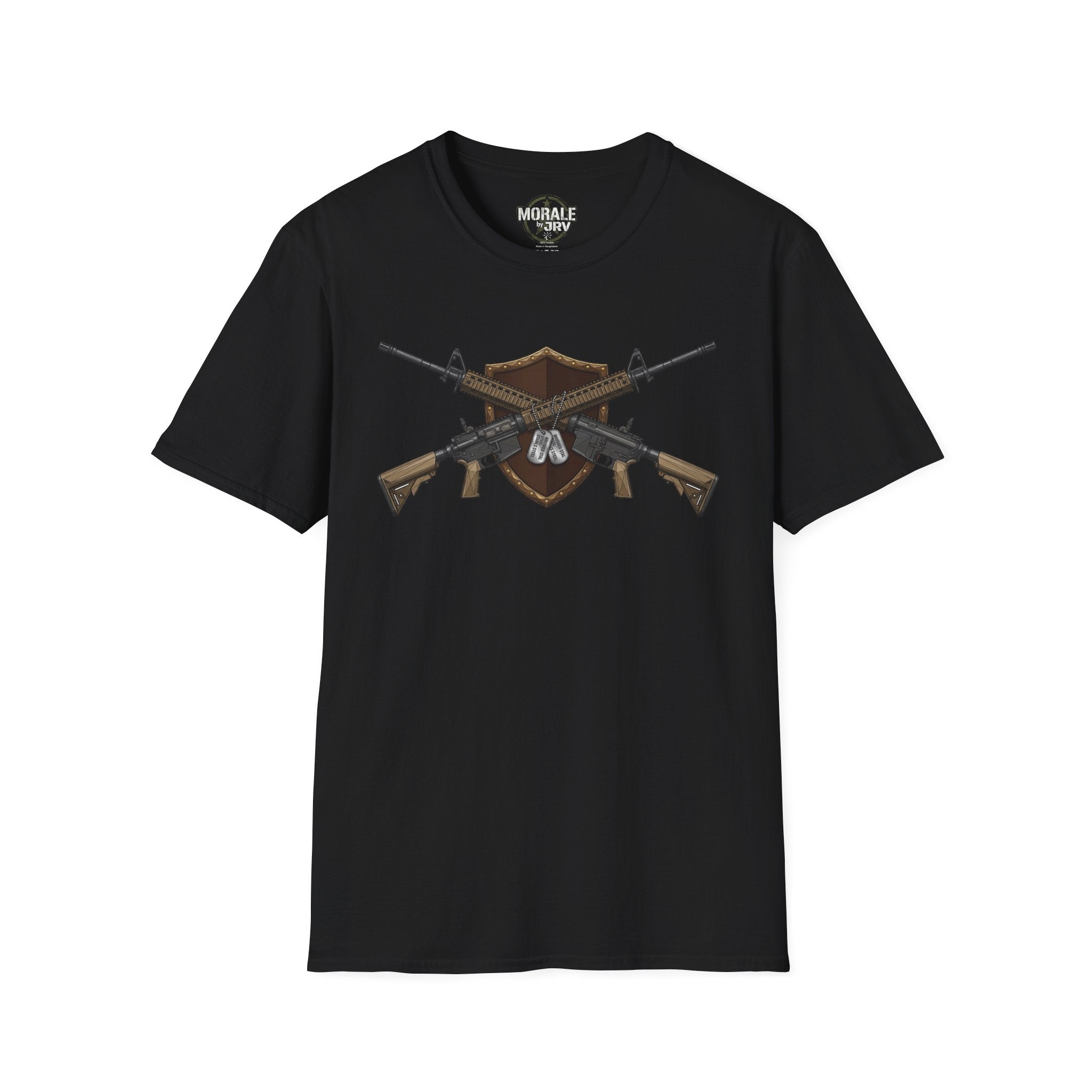Black T-shirt with crossed rifles shield emblem graphic on front