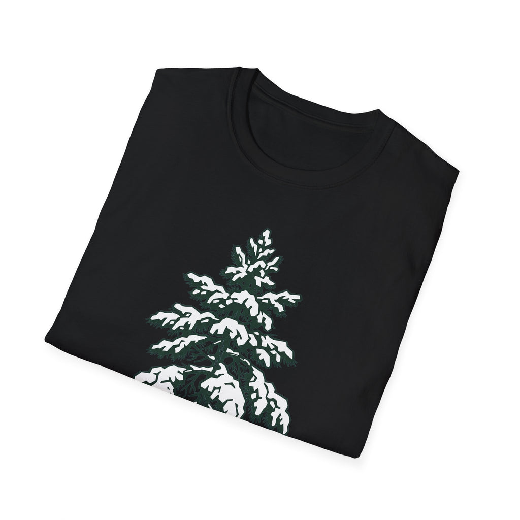 Black t-shirt with snowy pine tree illustration graphic on the front