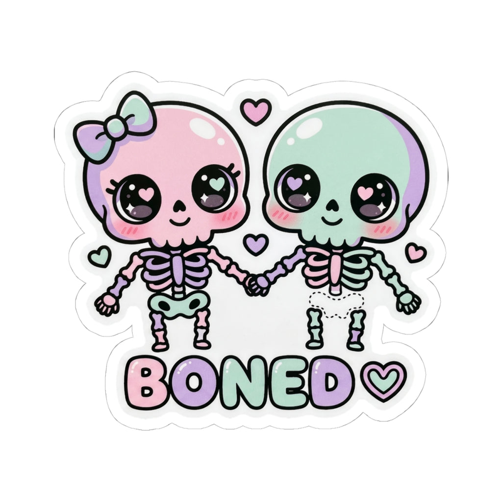 Cute pastel skull couple kiss-cut sticker, smiling faces with 'BONED' word