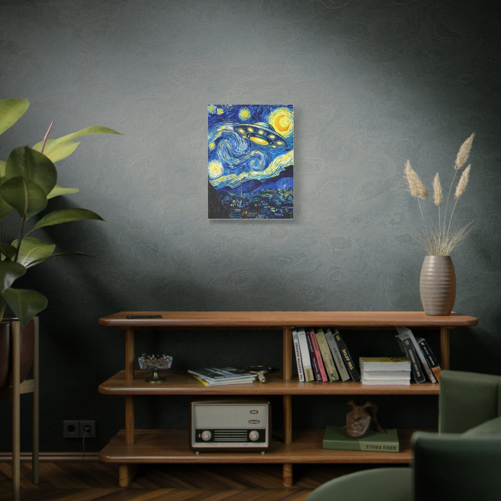 Matte stretched starry wall art with blue swirls and glowing yellow UFO in the sky